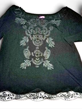 Hale Bob Tunic Black L/XL Embroidered Blk/Wht Lace EUC Boho Chic